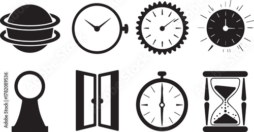 Essential timekeeping device icons including hourglass stopwatch geared clock face and abstract game piece symbol