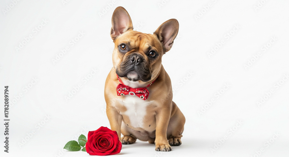 Fototapeta premium An adorable fawn French Bulldog wearing a decorative red bow tie with white and gold accents sits patiently on a clean white background. The dog looks directly at the camera with a charming, slightly