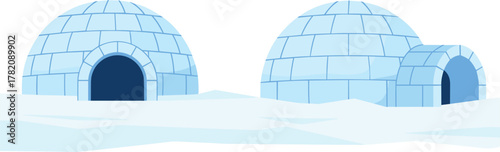 WebTwo snow-covered igloos on icy tundra, traditional arctic shelters built from ice blocks, frozen polar landscape illustration with cold winter atmosphere