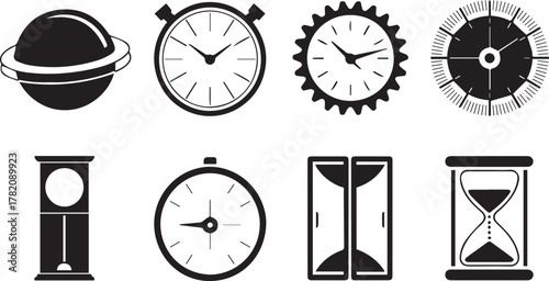Monochrome time icons set showcasing various stopwatches grandfather clock hourglasses and detailed gear mechanism faces