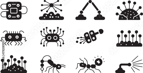 Set of black icons representing nanotechnology robotics biology and pest control concepts on grid