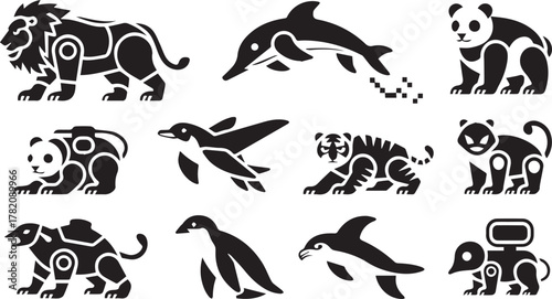 Set of twelve black stylized animal shapes mechanical futuristic biomechanical design