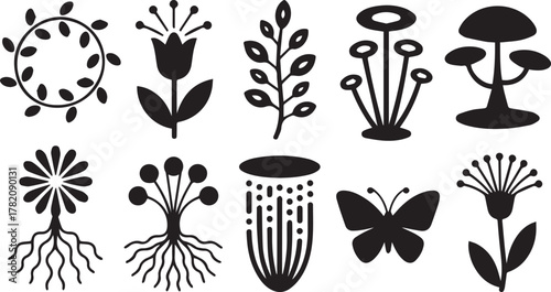 Vector collection of abstract flora symbols including different flowering plants roots leafy stems and insect shapes