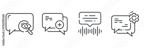 Speech bubbles with magnifying glass, plus sign, sound waves, and gear icons