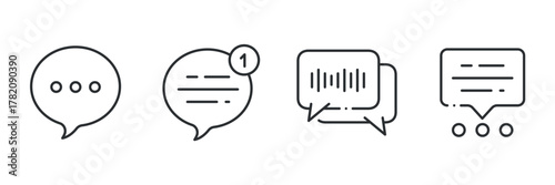 Minimalist chat icons: notification, conversation, messaging, speech bubbles in black and white