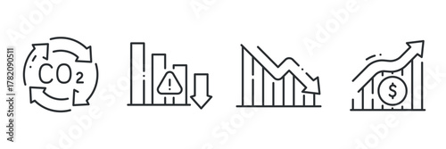 Climate impact icons: co2 cycle, risk alert, emissions reduction, economic growth