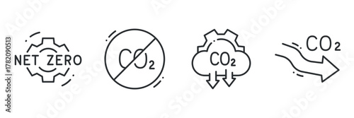 Net zero emissions icons: carbon neutrality and co2 reduction symbols