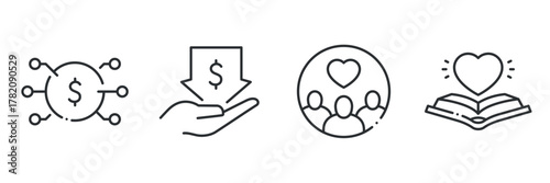 Financial network and charity icons: currency, giving, community, love, education