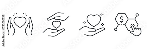 Heart and finance symbols: hands holding hearts and financial icons