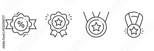 Set of outline award icon designs: percentage, ribbon, medal, star
