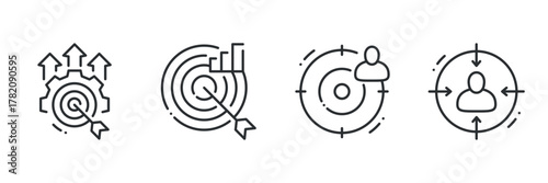 Business strategy and target icons: arrows and target, growth chart, user-centric designs