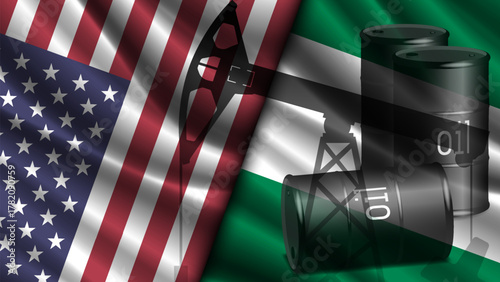 Vector wavy national flags of United States of America and Federal Republic of Nigeria. 3d barrels of oil and pump. American and Nigerian. Political and economic banner.
