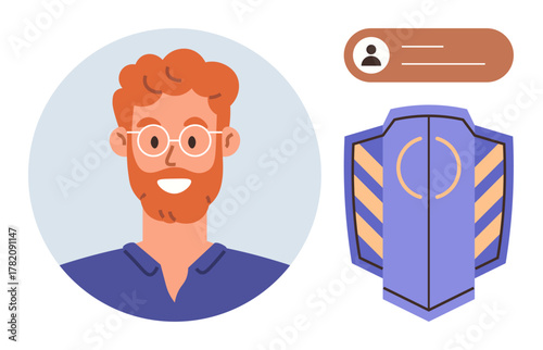 Portrait of a man with glasses, user interface card, and security shield. Ideal for cybersecurity, user profile, protection, privacy, networking authentication and identity. Simple flat metaphor