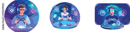 Virtual Reality Gamer and Metaverse Gaming Illustration Set with Headset and Controller