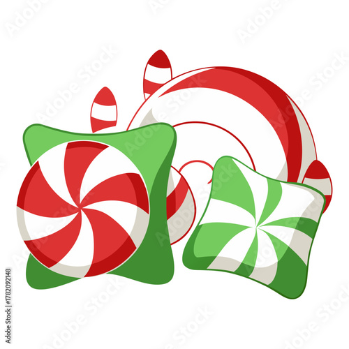 Festive Candy Cane Pillows and Red Swirl Candies, Sweet Treat, Decoration, Holiday, Confectionery Sugar, Goodies, Dessert, Ornament Celebration Still Life Design.