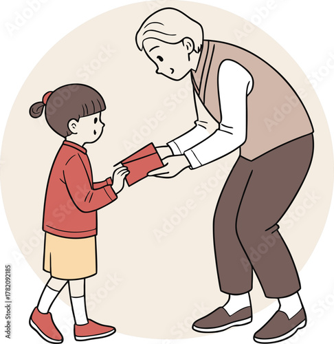 elder giving red envelope to child in traditional cultural scene with warm gesture and festive mood