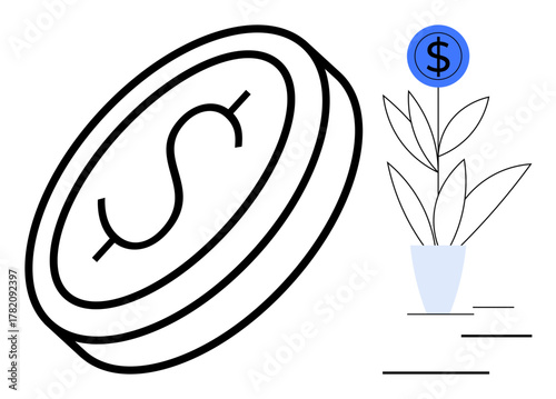 Coin with dollar sign and blooming plant with dollar symbol represent financial growth, investment, success, business strategy, savings, profitability, and wealth in a simple flat metaphor