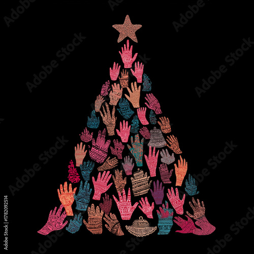 Festive Christmas tree formed from colorful hands 