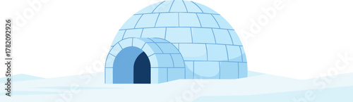 Snow-covered igloo on icy landscape, traditional arctic shelter made from ice blocks, polar winter scene with frozen dome and entrance illustration