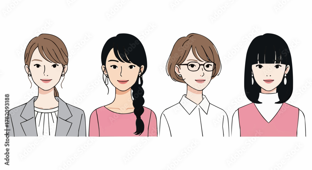 Naklejka premium Business Women Portraits – Flat Vector Illustration of Professional East Asian Women in Business Casual Attire