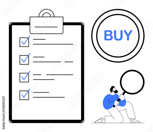 Checklist with three ticks, a Buy button, and a man using a magnifying glass. Ideal for productivity, decision-making, shopping, evaluation, task prioritization strategy workflow. Simple flat