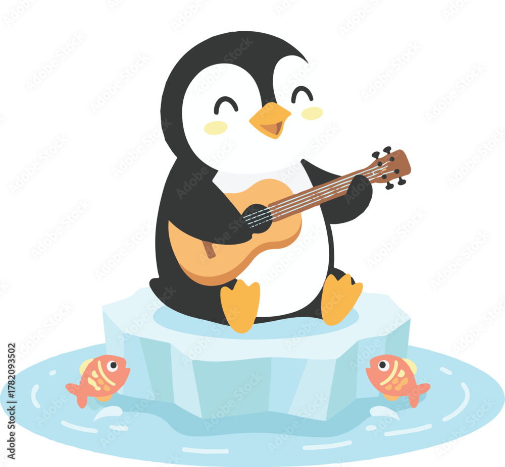 Naklejka premium Happy Penguin Playing Ukulele Cute Animal Music Illustration 