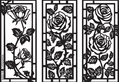 Ornate rose floral pattern decorative panels silhouette