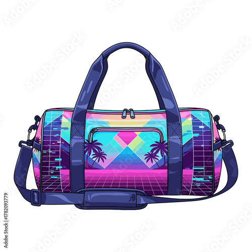 Vibrant Synthwave Duffel Bag Vector with Retro 80s Aesthetic, Neon Geometric Landscape on Transparent Background