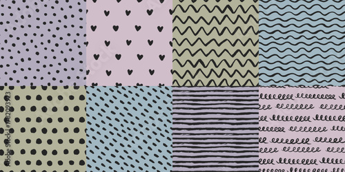 Hand-drawn seamless backgrounds collection with brush-painted waves, zigzags, striped, polka dot, mottled and hearts patterns. Vintage texture with black and purple blue pink green muted faded colors.