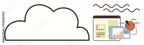 Cloud frame with interconnected dashboard, pie chart, line graph, and analytics tools. Ideal for technology, data management, business intelligence, cloud computing, digital strategy software