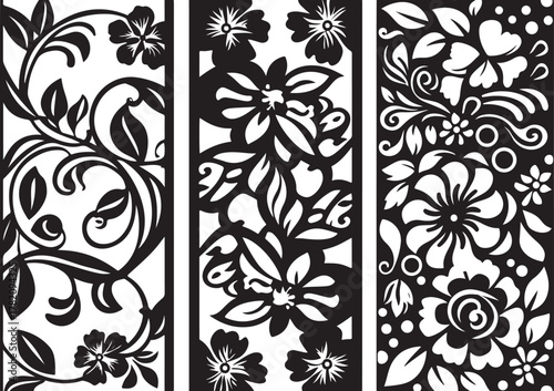 Three vertical panels of decorative floral patterns silhouette