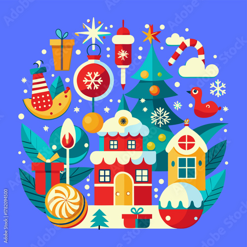 Flat Style Winter Christmas Holiday Graphic: Houses, Stars, Tree, Candycane, Gift Vector Arrangement Elements. 