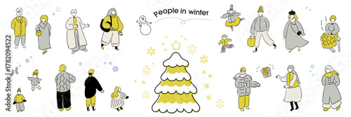 冬の人々_家族,恋人,冬服,冬のファッション,クリスマス,年末年始_手描きイラスト、ゴールド＆シルバー｜Winter people_family, couple, winter clothes, winter fashion, Christmas, New Year holidays_hand-drawn illustration_Gold & Silver
