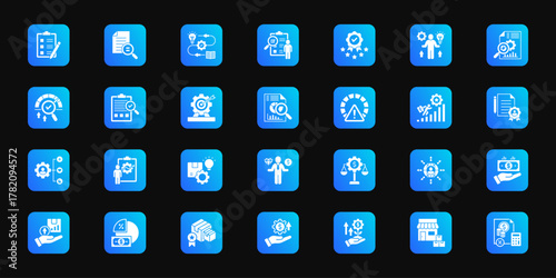 Quality and benchmark system   Cohesive set of minimalist vector icons representing key ideas with visual clarity