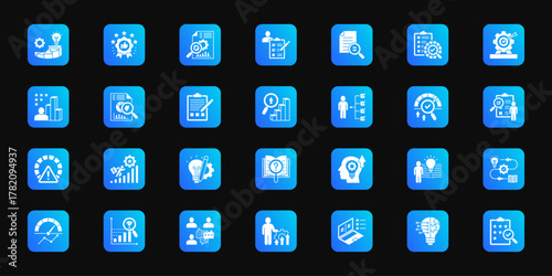 Performance evaluation framework Cohesive set of minimalist vector icons representing key ideas with visual clarity