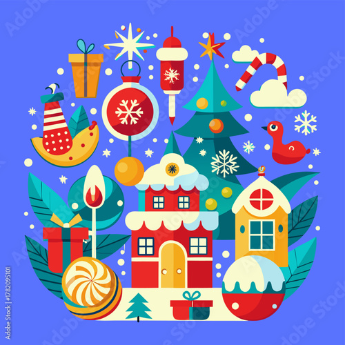 Flat Style Winter Christmas Holiday Graphic: Houses, Stars, Tree, Candycane, Gift Vector Illustration.
