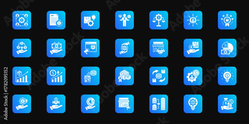 Digital business landscape Cohesive set of minimalist vector icons representing key ideas with visual clarity