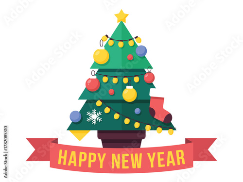 A festive Christmas tree decorated with ornaments and lights, with a banner proclaiming 'Happy New Year'.