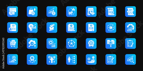Business analytics core   Cohesive set of minimalist vector icons representing key ideas with visual clarity