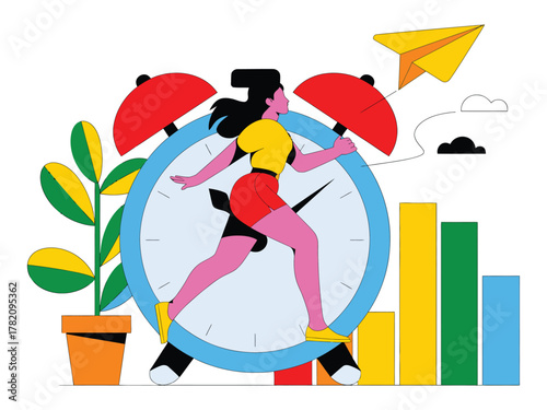 A determined person runs on a large alarm clock, symbolizing the race against time for personal growth.