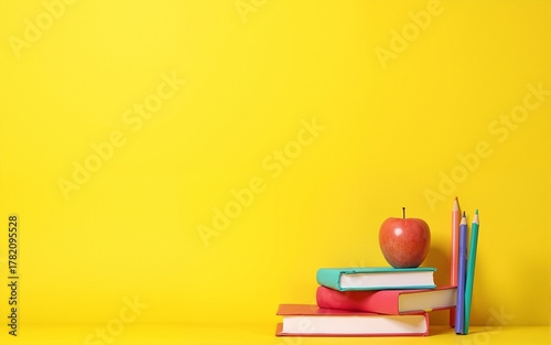 Wallpaper Mural School books and supplies on a yellow background. High quality Torontodigital.ca
