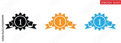 Top ranked achievement badge with gear and ribbon, winning award symbol,Winner's trophy icon. Trophy Vector Flat Icon on white background