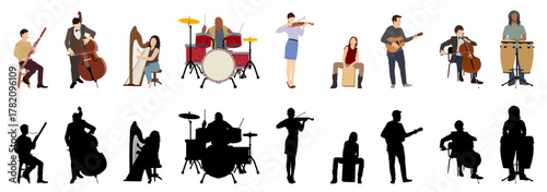 musicians playing different instruments vector silhouette illustration