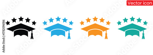 Colorful graduation caps with stars for educational achievement awards,Graduation cap icon set. Academic cap,Graduation cap icon set.  glyph graduation hat. Mortarboard collection