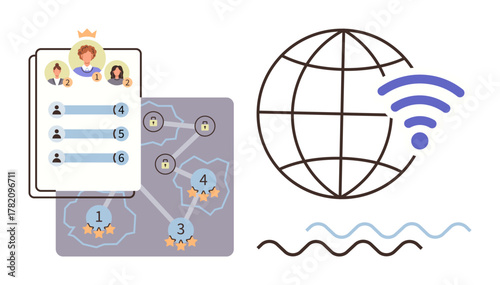 Leaderboard with avatars, points, and ranks beside a map with nodes and locks, connected to a wireless-enabled globe. Ideal for technology, connection, competition, gaming, data sharing security