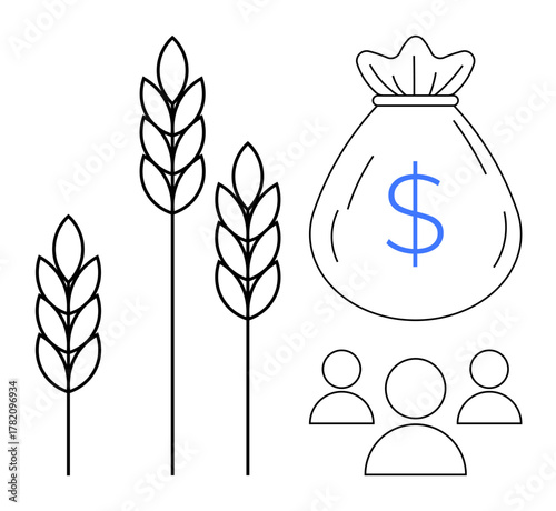 Wheat stalks, money bag, and people symbolizing agricultural investment, farming revenue, and community development. Ideal for agribusiness, sustainability, economy, finance teamwork rural growth
