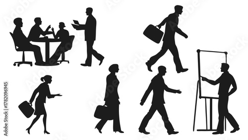 Business silhouettes illustration: Dynamic business silhouettes in an illustration, with individuals engaged in various office tasks like meetings, presentations.