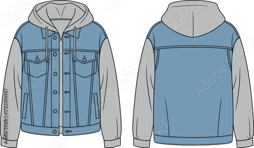 Denim vest hoodie jacket, stylish streetwear fashion, casual urban clothing, blue denim with gray sleeves, modern hybrid outerwear, trendy apparel