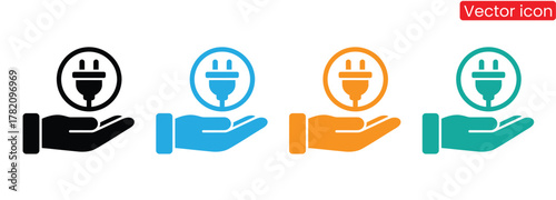 Hand holding power plug icon symbolizing energy solution and connection,Plug icon vector. Electric plug sign, Electric plugs icon symbol set collection