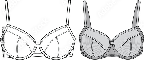 Technical bra illustration, lingerie design sketch, underwire bra construction, garment pattern drawing, fashion flat, adjustable straps, textile detail